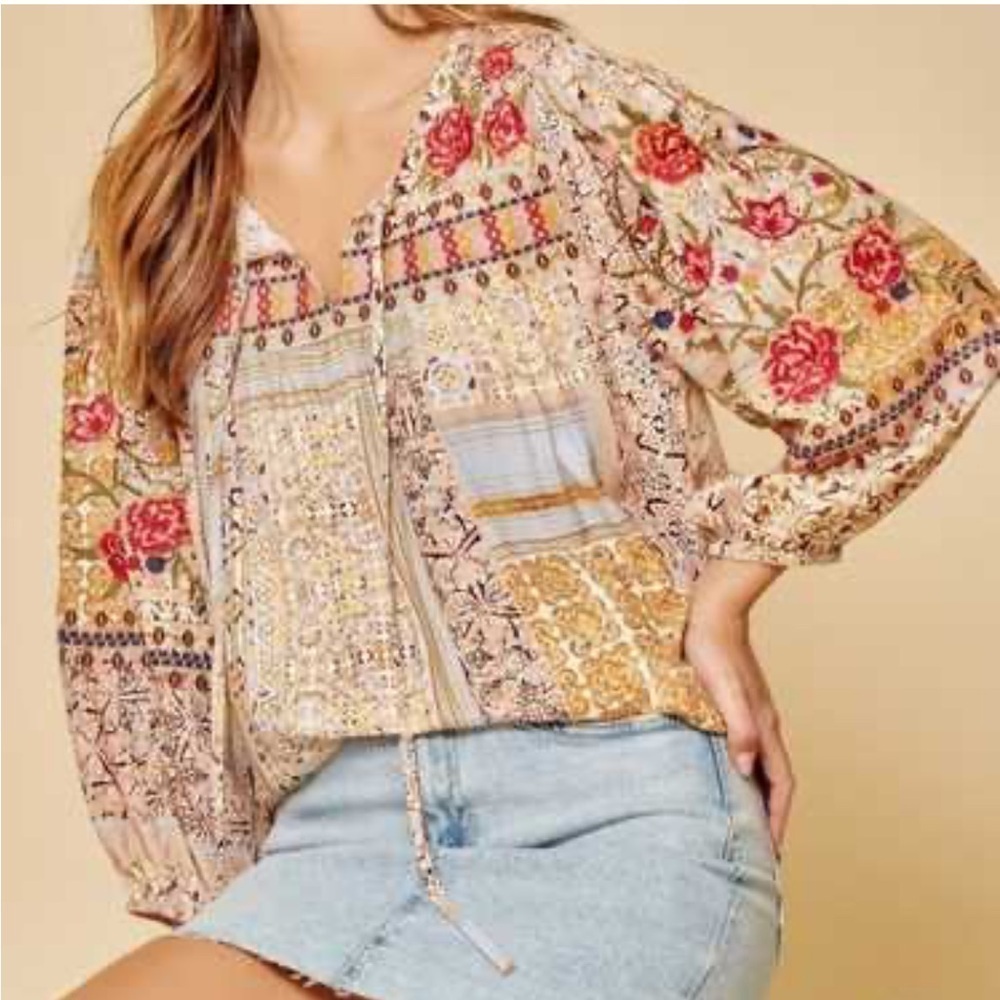 Savanna Jane Floral Patchwork Boho Peasant Blouse Tie Neck Top S